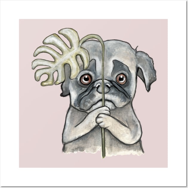 Dog with monstera leaf Wall Art by msmart